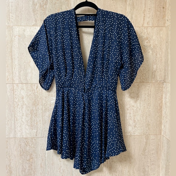 NASTY GAL Polka-Dot Romper with Detachable Sash/Scarf (Small) - Blue - Picture 1 of 3